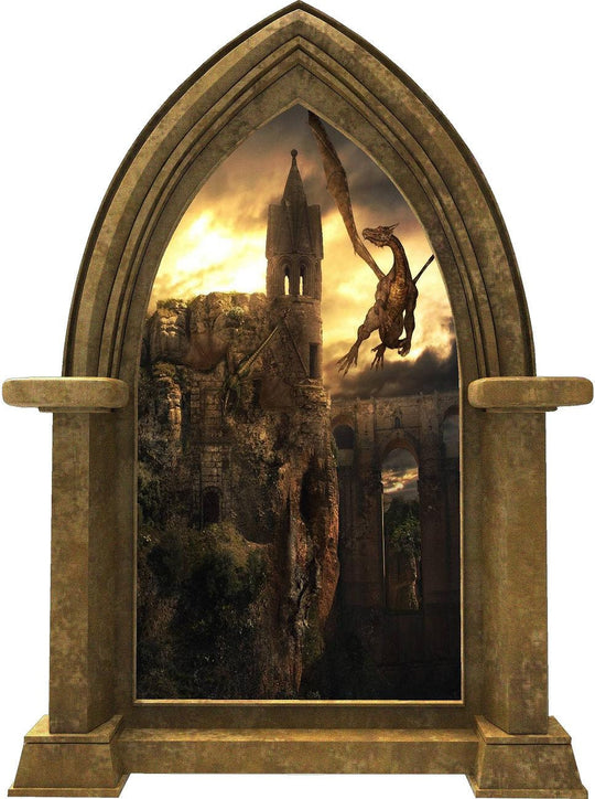 CastleScape Dragon Kingdom #1 Wall Decal Fire Breathing Dragons Stone Castle Window Wall Decal Sticker Mural Kids Medieval Fantasy Fairytale