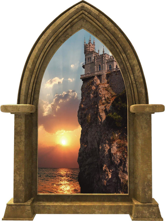 CastleScape Cliffs Edge at Sea Sunset | Castle Window Wall Decal