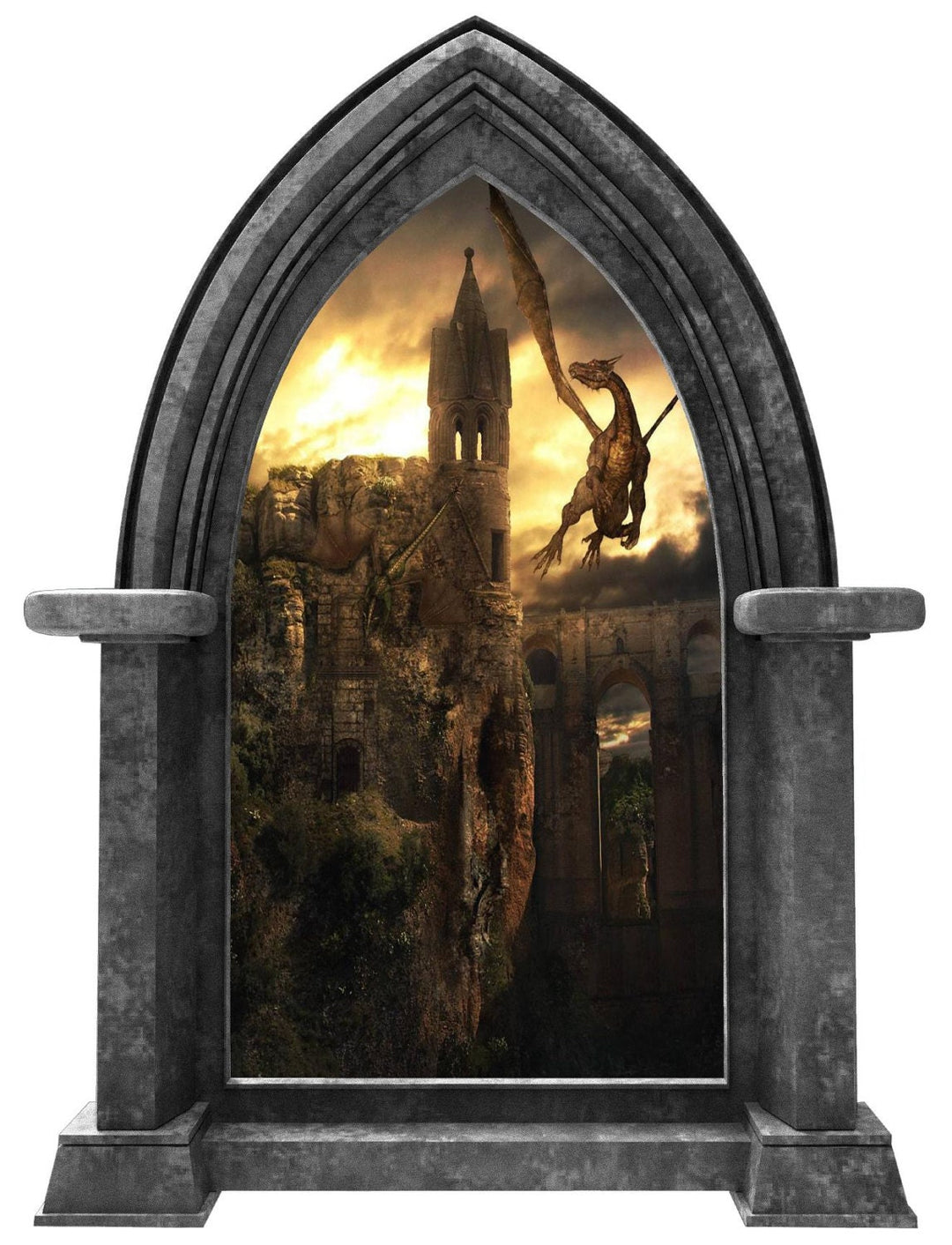 CastleScape Dragon Kingdom #1 Wall Decal Fire Breathing Dragons Stone Castle Window Wall Decal Sticker Mural Kids Medieval Fantasy Fairytale