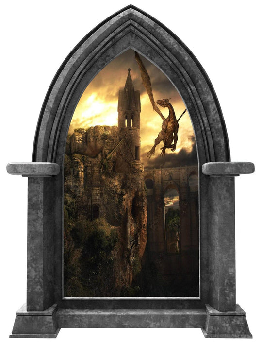 CastleScape Dragon Kingdom #1 Wall Decal Fire Breathing Dragons Stone Castle Window Wall Decal Sticker Mural Kids Medieval Fantasy Fairytale