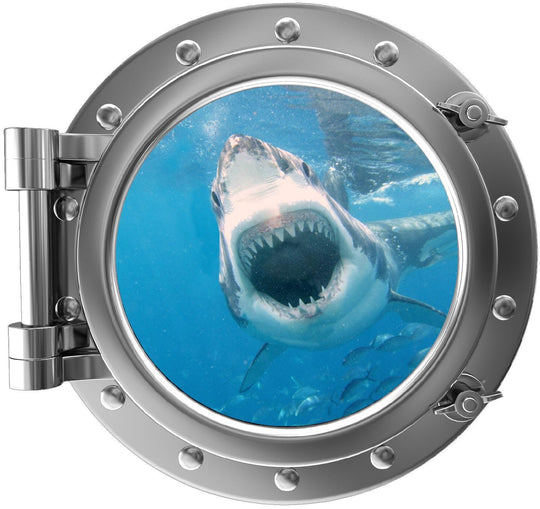 PortScape Great White Attack 1 Shark | Ocean Porthole Window Wall Decal